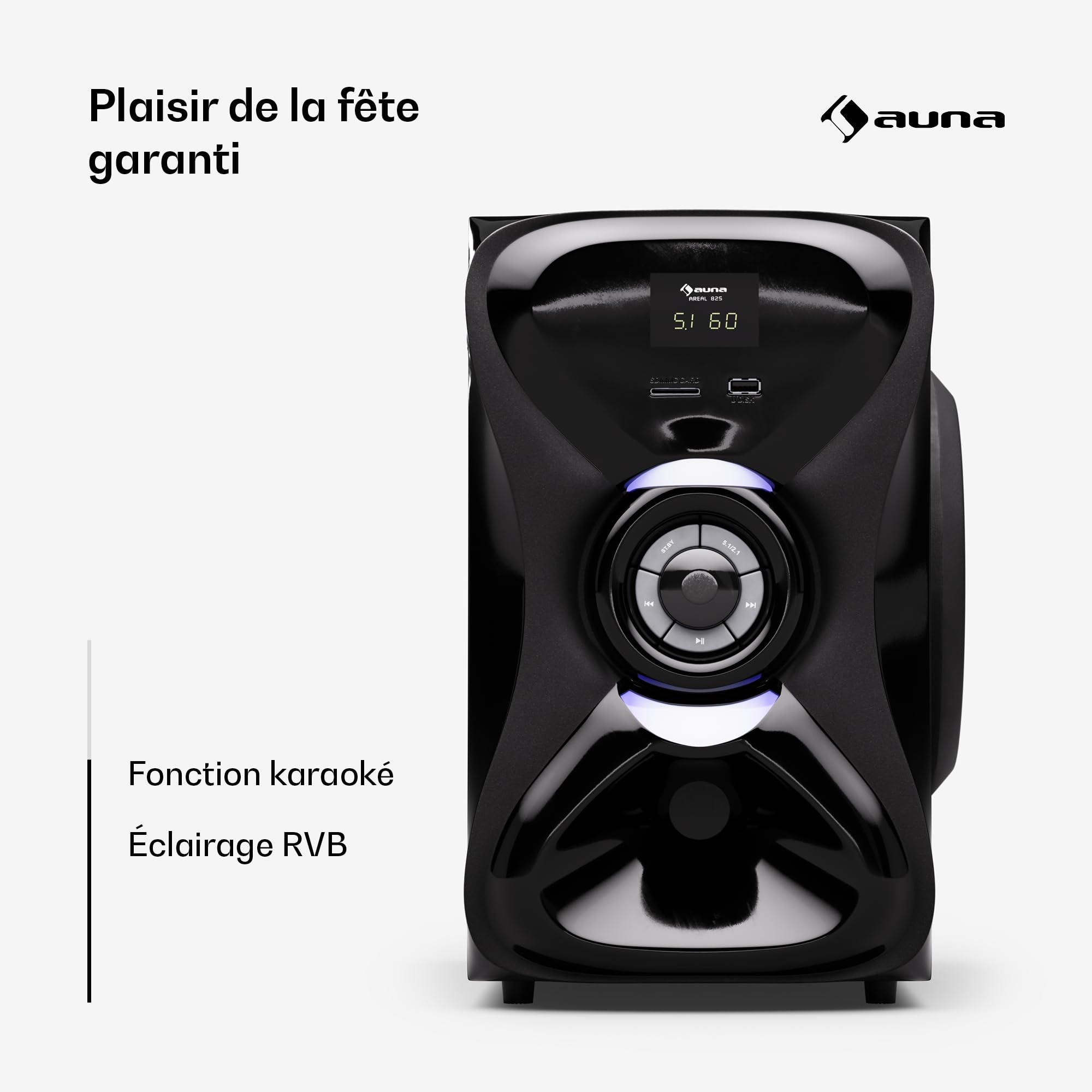AUNA Areal 825 Home Cinema 5.1 sans Fil - Bluetooth, Subwoofer 100W, Éclairage RVB, Ports USB/SD, Entrée AUX & Optique, Enceinte Home Cinéma avec Télécommande