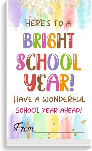 Etiquetas para bolsas de regalo de regreso a clases, aquí está un brillante año escolar feliz primer día de escuela, etiquetas de regalo de