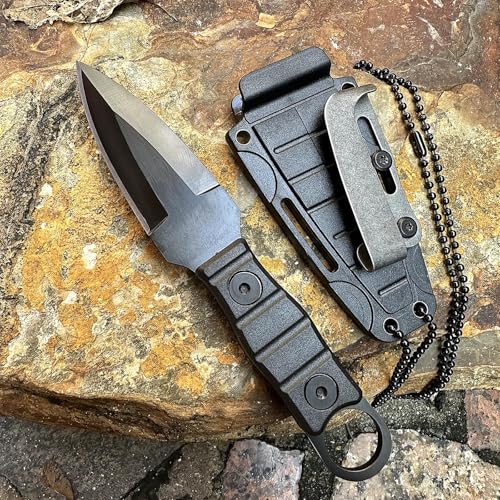 Image of Fixed Blade Knife, Full Tang w /Kydex Sheath, Belt Clip and Necklace easy Carry, Good for Camping Hiking Knife, Fishing Hunting edc MIN Knife Black