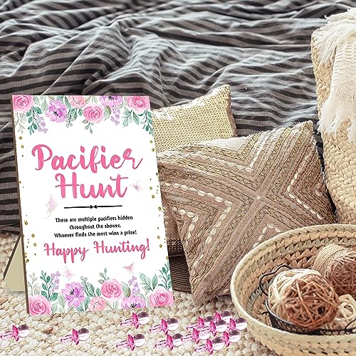 Image of Azbuk Rose Baby Pacifier Hunt Game, Baby Shower Games Set, 50 Pcs Pink Mini Acrylic Pacifiers with Baby Shower Wooden Pacifier Hunt Sign Board Baby Shower Game