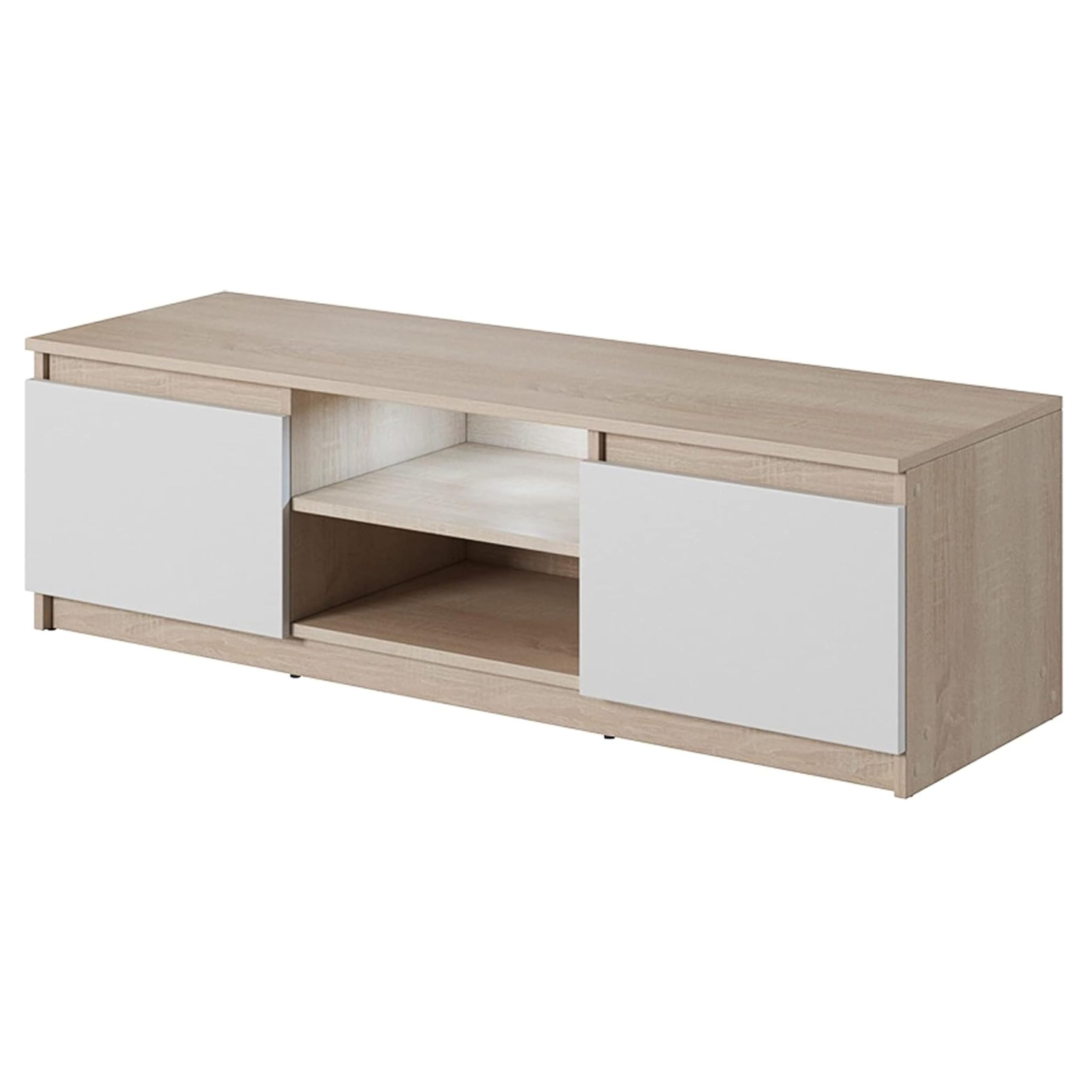 MINIO go for it - Meuble TV Dingo 120cm Lowboard pour téléviseur | Meuble TV bas avec 2 portes battantes et 2 compartiments ouverts, meubles TV en chêne Sonoma et blanc - Meuble bas avec LED