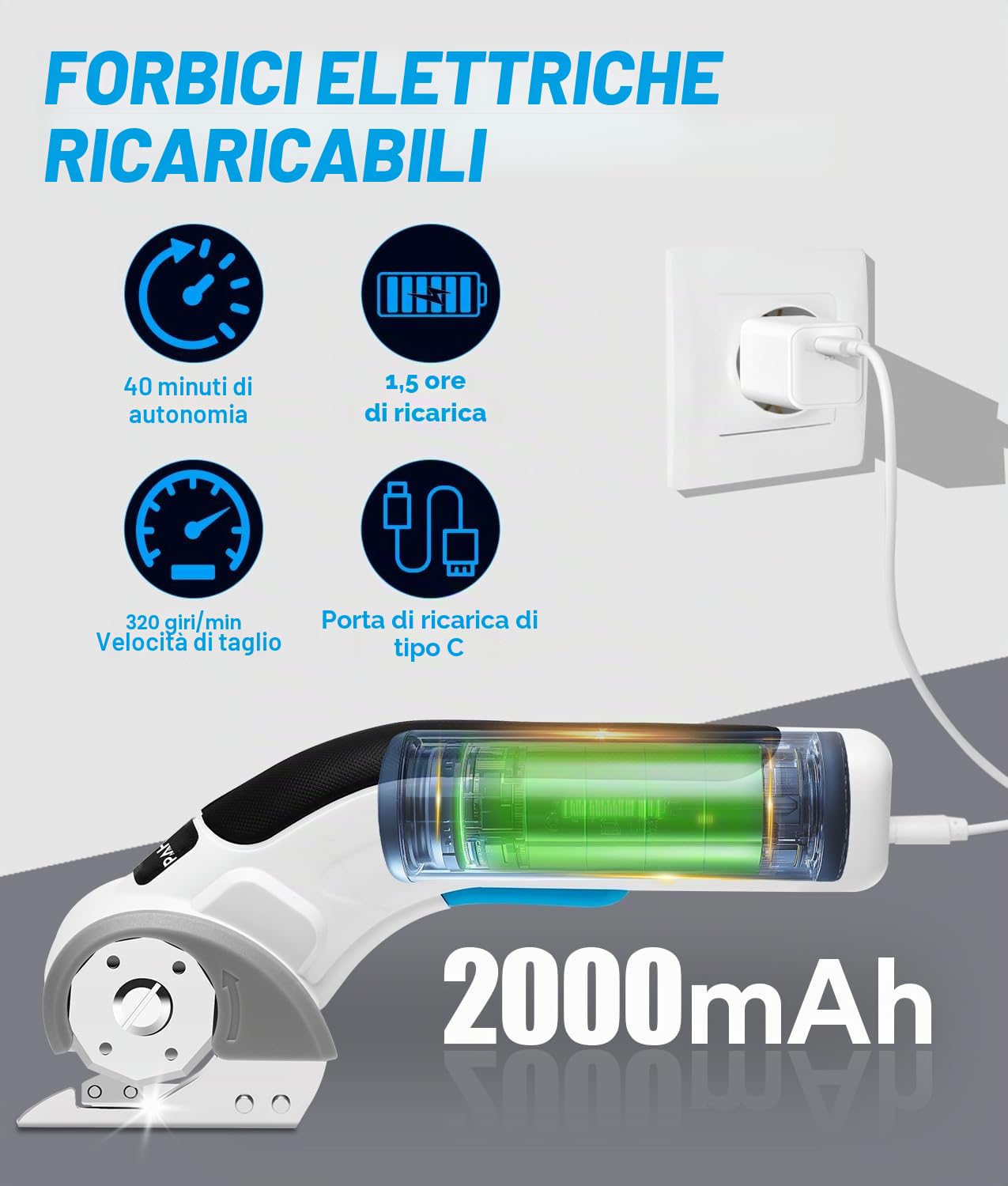 PAHTTO Forbici elettriche Taglierina per cartone 4V, 320 giri/min, taglierina rotante senza fili Taglierina universale Batteria con 2 lame autoaffilanti, per cartone, moquette, pelle, tessuto, PVC