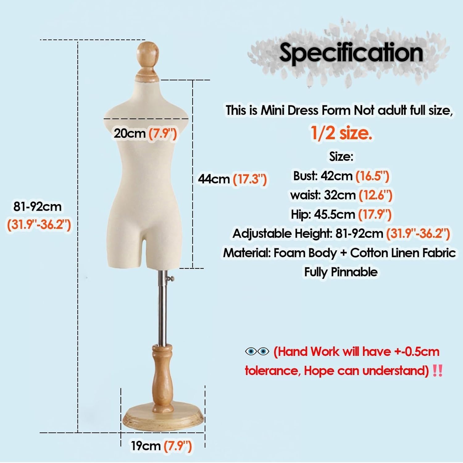 Mannequin de Couture Buste de Couture 1/2 1/3 1/4 Taille Mini petit mannequin femme pour la couture/création de patrons, Forme vestimentaire demi-échelle, avec support en bois (Pas adulte pleine taill
