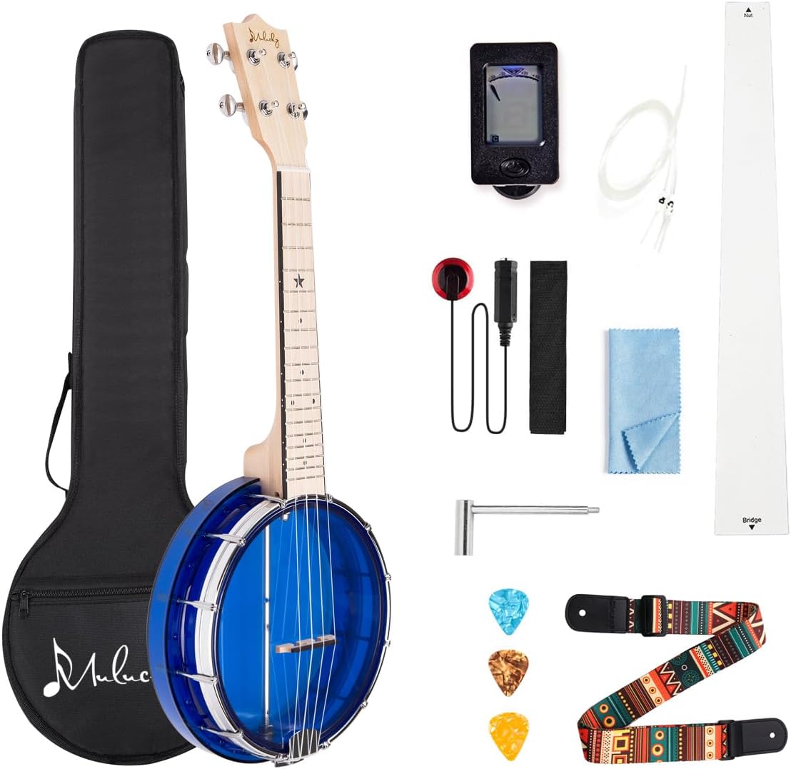 Mulucky 4 String Banjolele, Banjo Ukulele Concert Size 23 inch, Beginner Kit with Truss Rod Gig Bag Tuner String Strap Picks - BU80B Blue