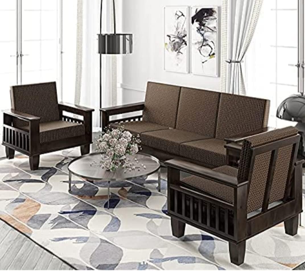 Wooden 5 Seater Sofa Set For Living Room | Solid Wood Sofa Set 5 Seater For Home & Office | Wooden Sofa Set | Dark Walnut