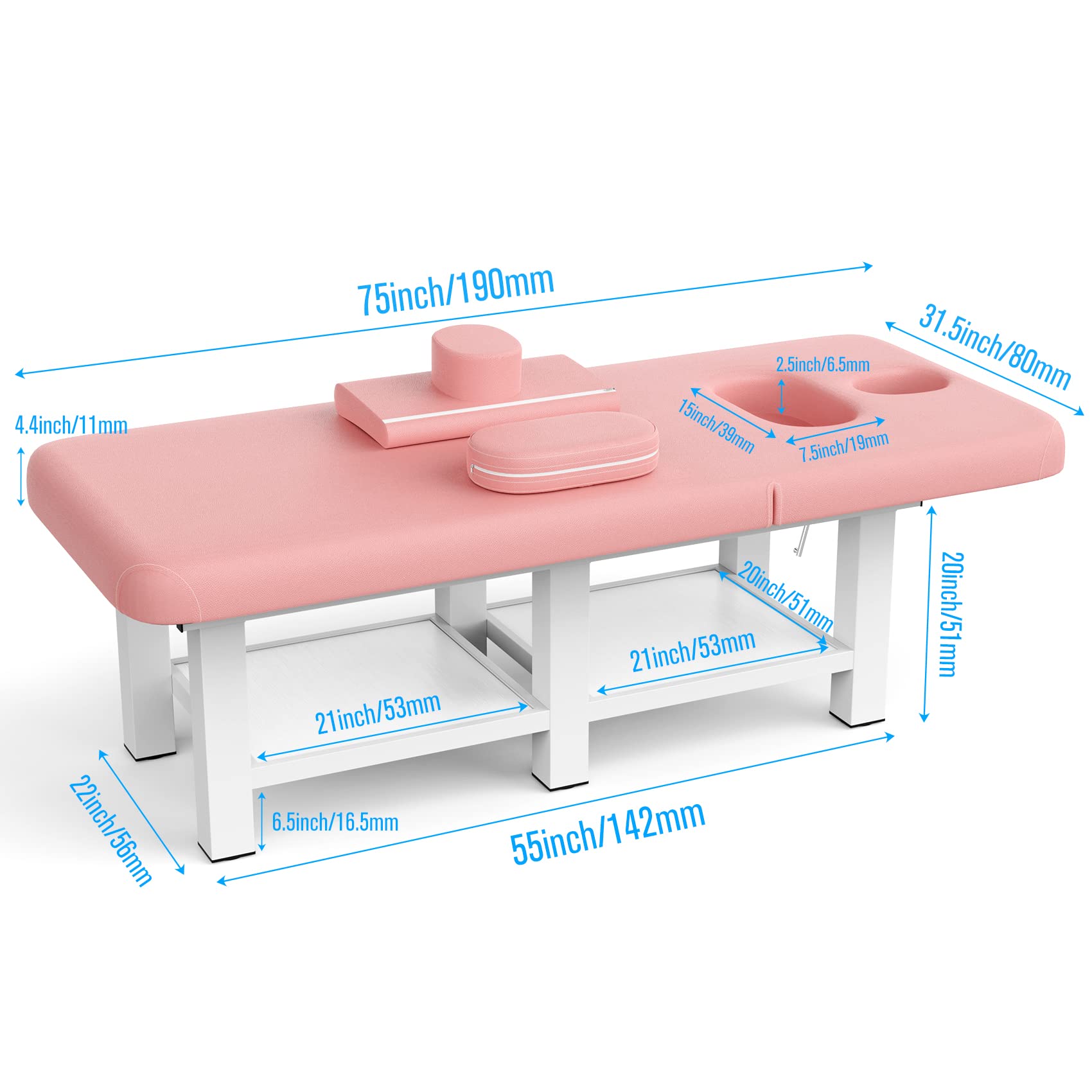 Fulocseny Metal Frame Wide Stationary Massage Table for Treatment Table Physical Therapy Table Spa Facial Bed, Heavy Duty Professional Stationary Massage Bed, PU Leather 31.5'' W 75'' L Pink