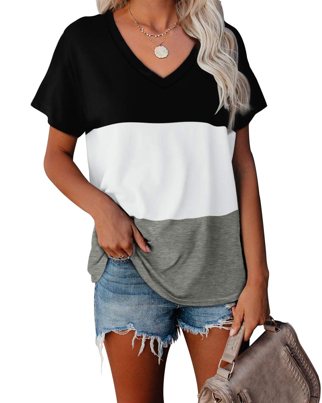 T Shirts for Women V Neck Summer Color Block Tops