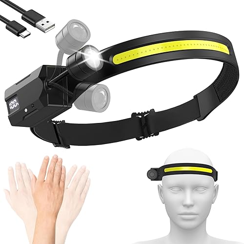 Linterna frontal LED (paquete de 1), linterna giratoria y extraíble y lámpara LED COB, luz de frente súper brillante COB de 230, sensor de