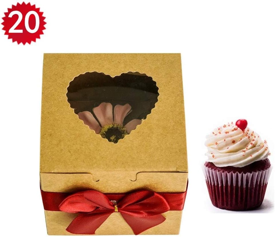 RomanticBaking Single Cupcake Boxes,20 Pack Heart-shaped Brown Kraft Bakery Boxes With Window For Wedding,Birthday,Party,Treats,and Baby Shower Favors (20, Single)