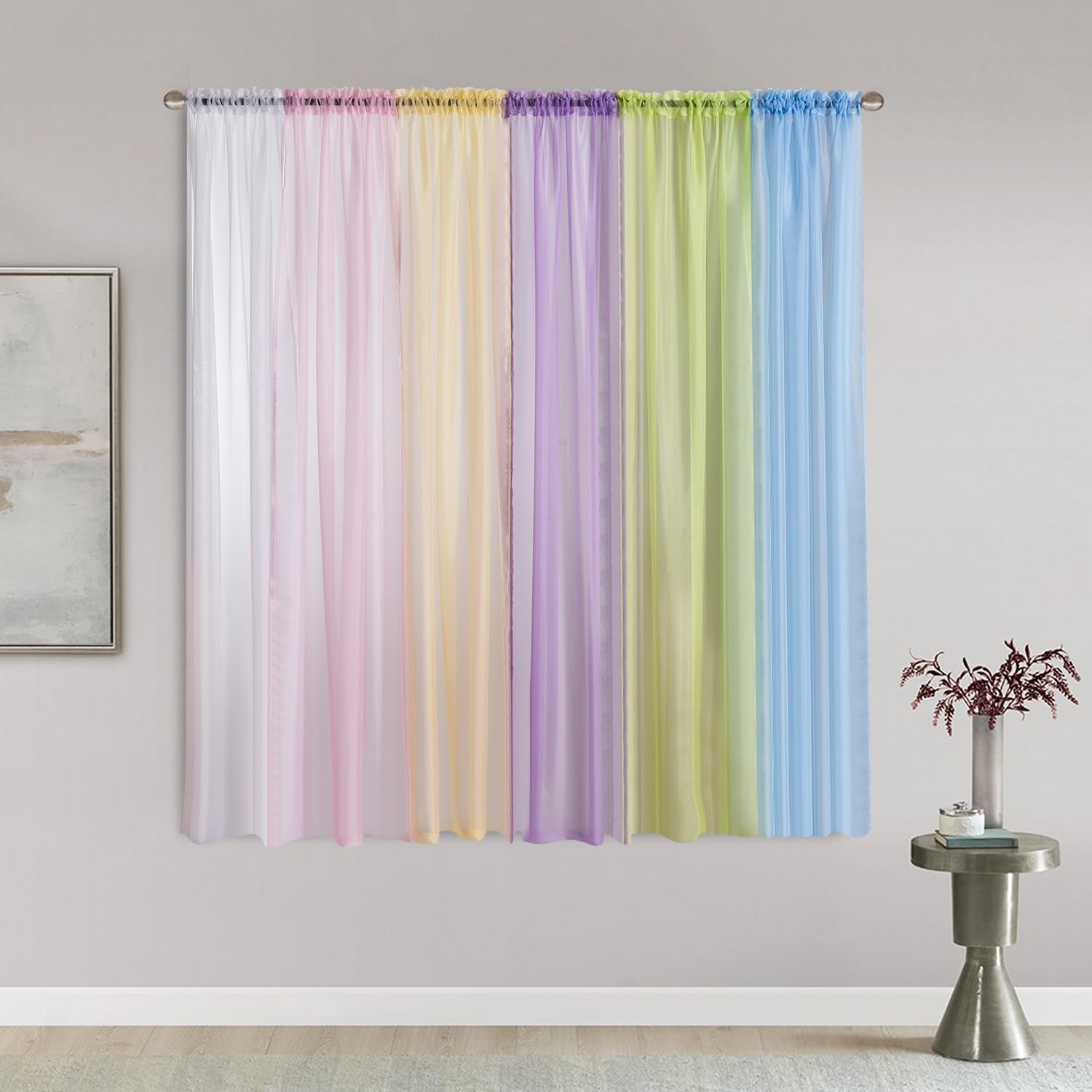 GYROHOME 6 Panels Sheer Curtains Rainbow Curtains for Bedroom Living Room Rod Pocket Colorful Curtains Backdrop Curtains Drapes, Red, Orange, Gold Yellow, Green, Blue, Purple, 39x96inch