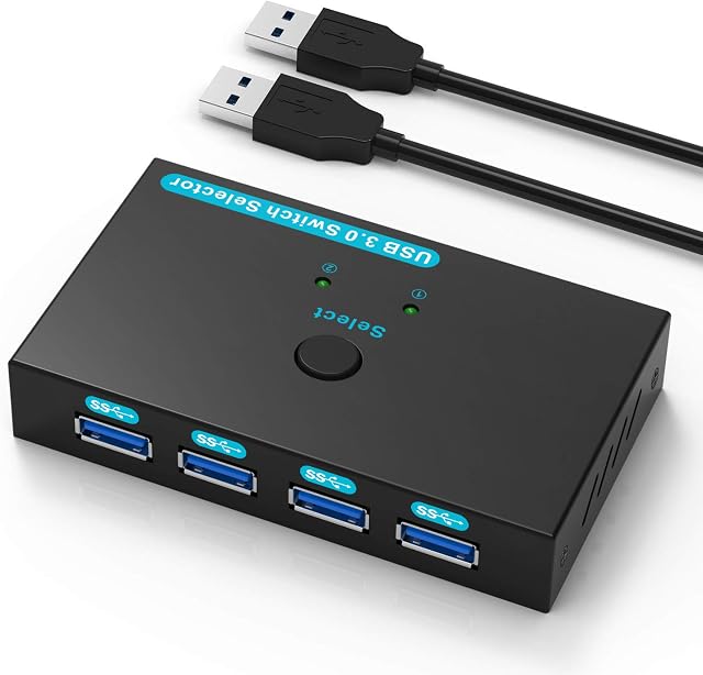 USB 3.0 Switch SGEYR 2 In 4 Out USB Sharing Switch 4 Ports USB KVM Switcher USB 3.0 Hub for Mouse Keyboard Scanner Printer with 2 Pcs of 1.5M USB 3.0A to A Cable and One Button Switch