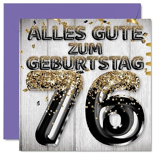 Stuff4 76. Tarjeta de cumpleaños para hombres – Globos con purpurina negra y dorada, tarjetas de felicitación de cumpleaños para hombre de 76 años, papá y abuelo, 145 mm, setenta y seis cumpleaños