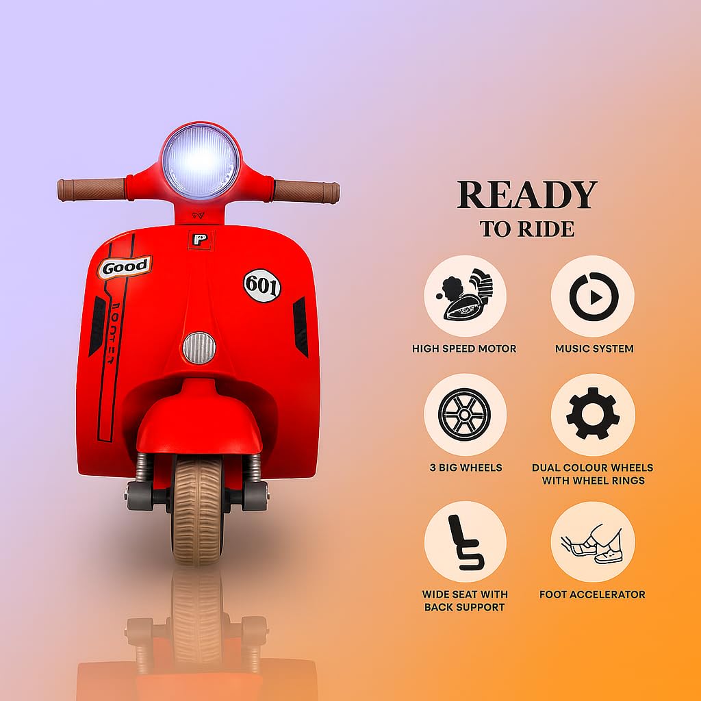 Toyify Rechargeable Battery Operated Vespa Scooter for Kids, Ride on Toy scooty with Light & Music | Electric Bike for Baby 1 to 4 Years Boys Girls (Red) - Image 2 thumbnail