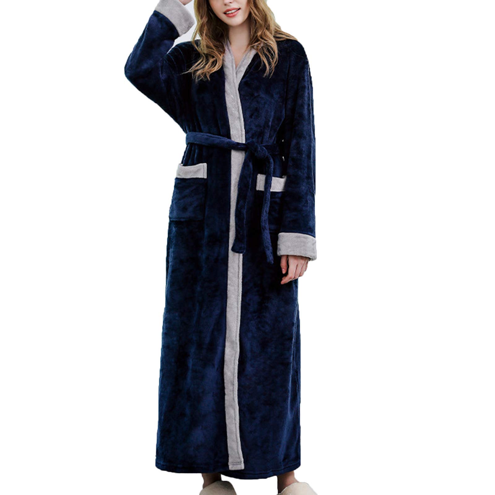 Sleepwear Nightwear Womens Autumn Winter Pajamas Bathrobes Long Warm Robe Hooded Strappy Nightgown Dark Blue Medium
