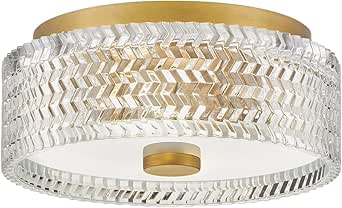 Hinkley Ellie 5041HB Small Flush Mount Ceiling Light, Rich Chevron Cut Glass Shade, Etched Lens, Heritage Brass