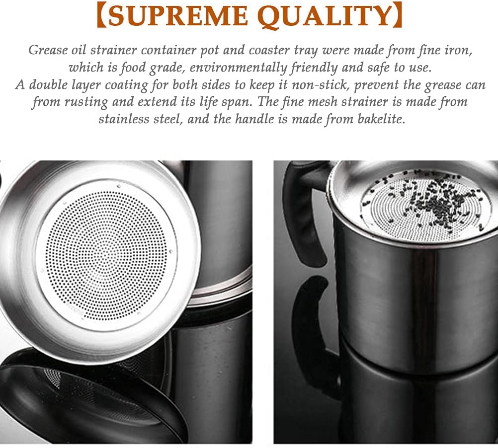 OFNMY Bacon Grease Container with Fine Mesh Strainer - 1.3L/5.2 Cups Stainless Steel Oil Storage Pot Grease Can with Removable Dustproof Lid and Coaster Tray - Oil Pot for Storing Fat, Frying Oil