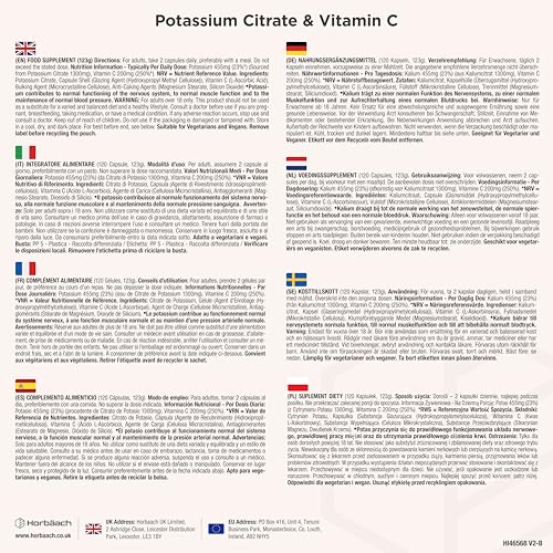 Kaliumcitrat Hochdosiert 1500mg je Tagesdosis mit Vitamin C | 120 Vegane Potassium Citrate Tabletten | Muskelaufbau & Elektrolyte (EFSA) | Kalium Supplement | Horbaach