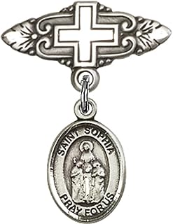 Sterling Silver Baby Badge with St. Sophia Charm and Badge Pin with Cross 1 X 3/4 inches