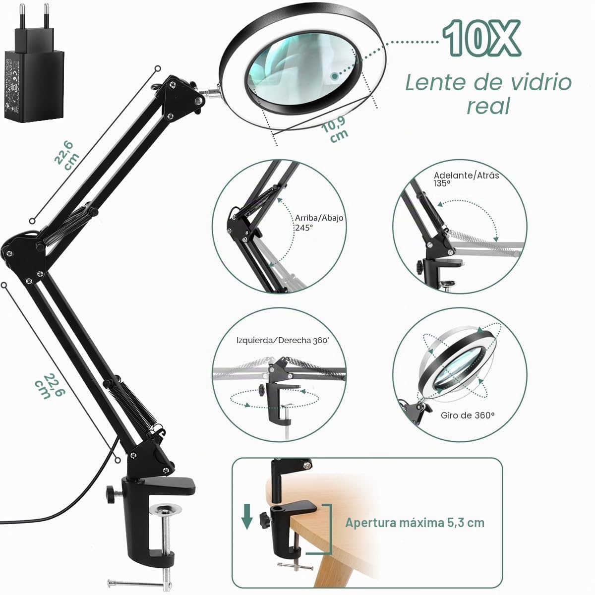 Lupa con Luz Led para Manualidades, 10x Lupas de Gran Aumento con Ajuste de 3Color & Brillo, Lampara con Pinza Metálico & Brazo Ajustable, Lampara Lupa Led con Luz para Costura & Reparación