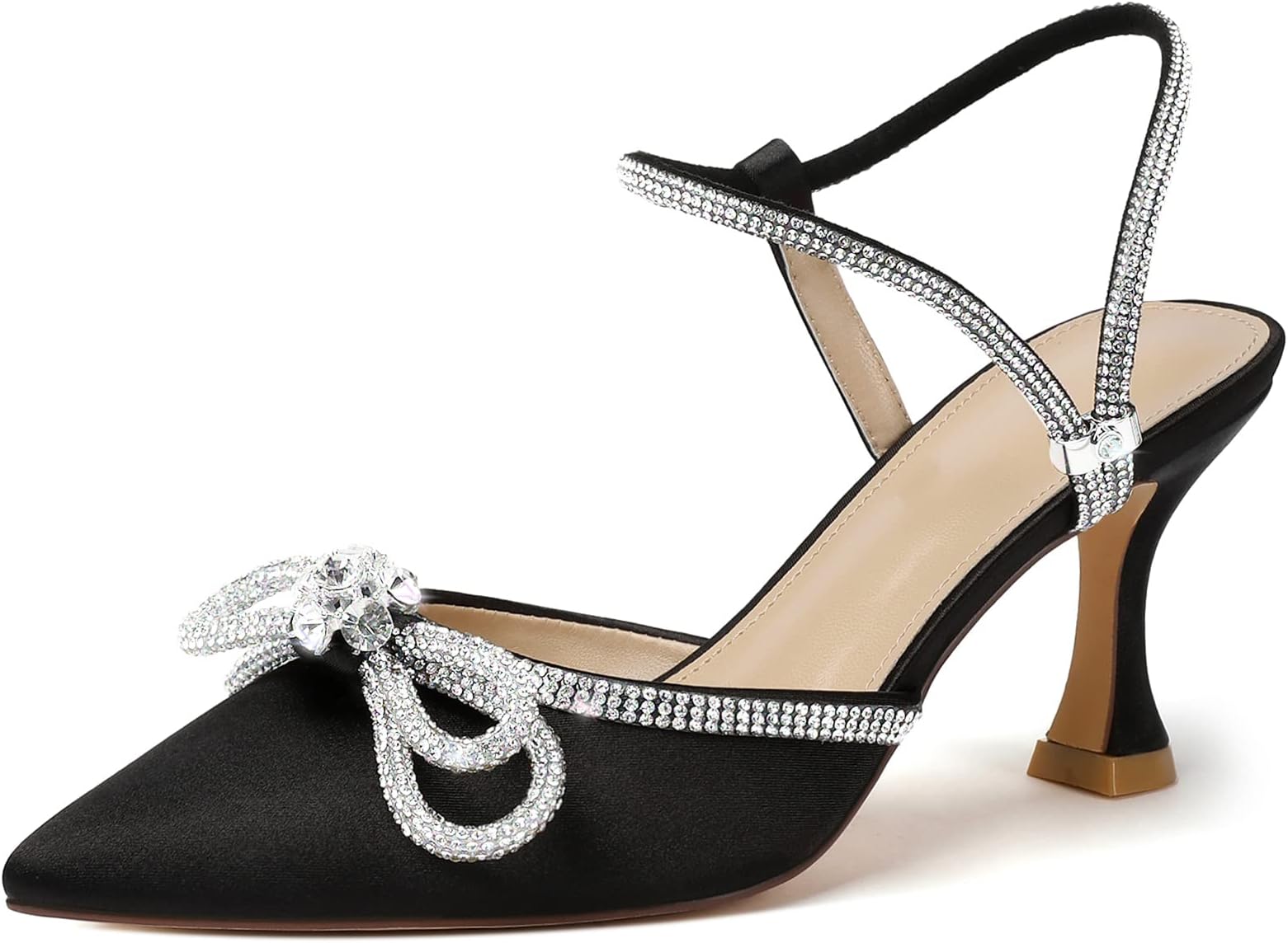 Women's Closed Toe Rhinstone Wedding Low Heel Slingback Clear Kitten Heels,Adjustable Strap Pointed Toe Bow Pumps High Heeled Prom Dress Shoes