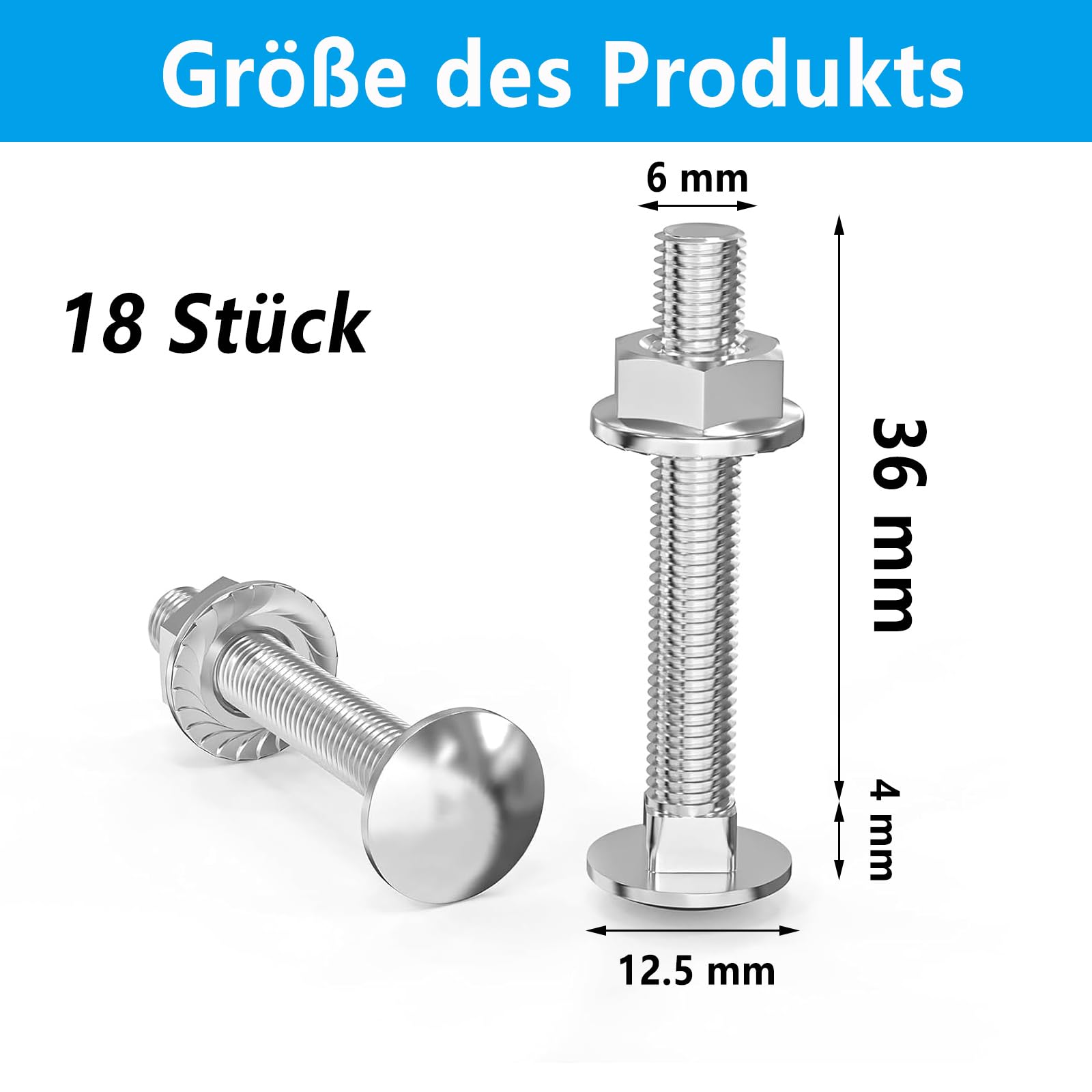 Lot de 18 boulons de carrosserie M6 x 40 mm, vis à tête bombée avec écrou à bride hexagonal, galvanisées DIN 603 (18 pièces) à tête ronde avec collet carré, filetage complet