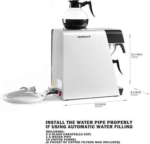 Miniatura 5 de Cafetera de goteo comercial de 12 tazas, 1.8L, llenado automático, con 2 jarras de vidrio, 2 calentadores, panel LCD, cafetera automática de acero