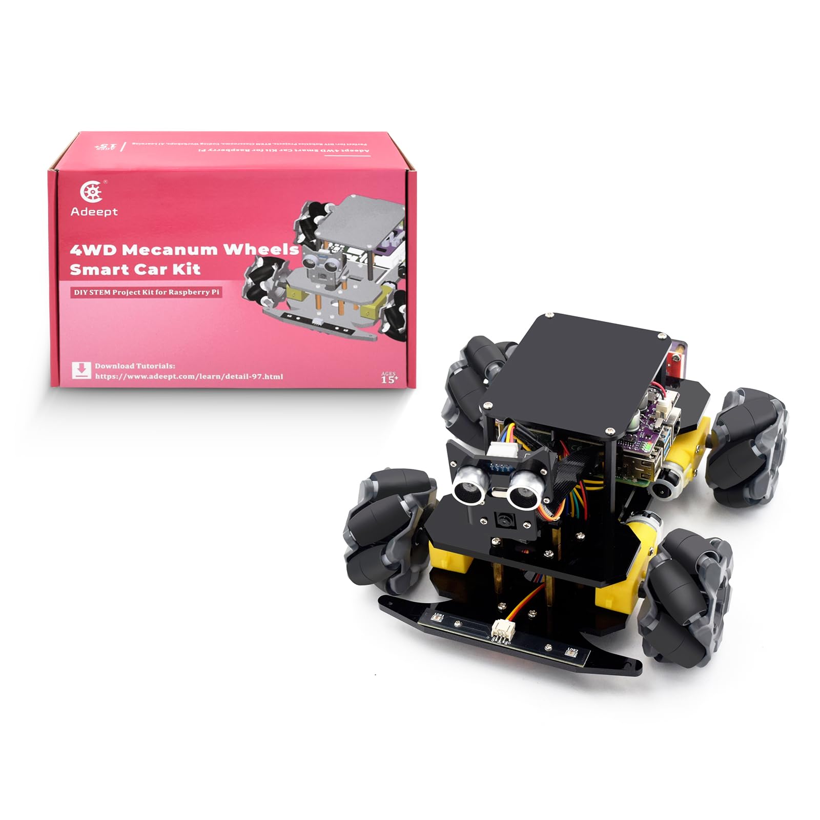Adeept Kit per auto intelligente 4WD Mecanum Wheel per Raspberry Pi 5/4B/3B/3B+(scheda non inclusa), tracciamento linea, tracciamento della luce, prevenzione degli ostacoli, servomotore, display OLED