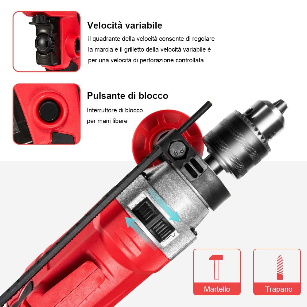 TEENO Trapano a Percussione Elettrico Filo 910 W, Trapano Elettrico a Filo 0-3000RPM, Pulsante di Velocità Variabile, 37 Pezzi Cassetta Attrezzi Completa, Mandrino 13 mm, Mattoni, Legno, Acciaio