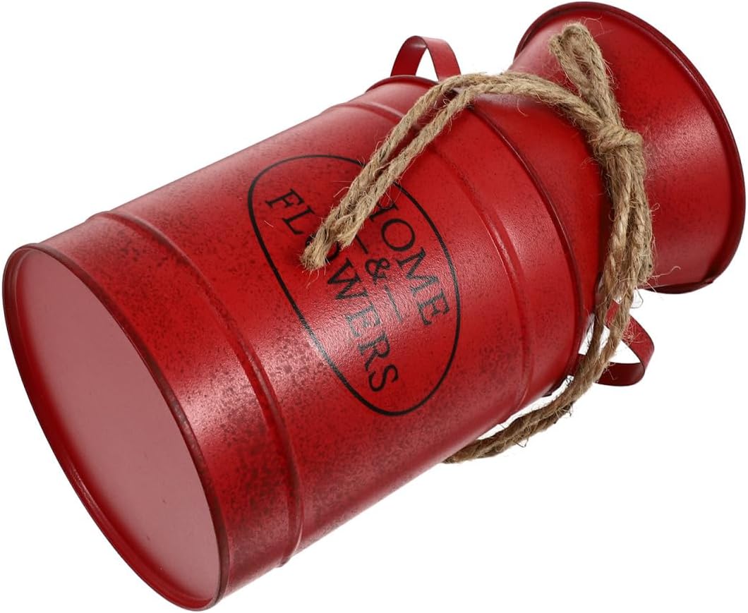 Vintage Red Flower Pitcher Vase | Farmhouse Decor for Home Kitchen Table | Rustic Metal Bucket Floral Centerpieces