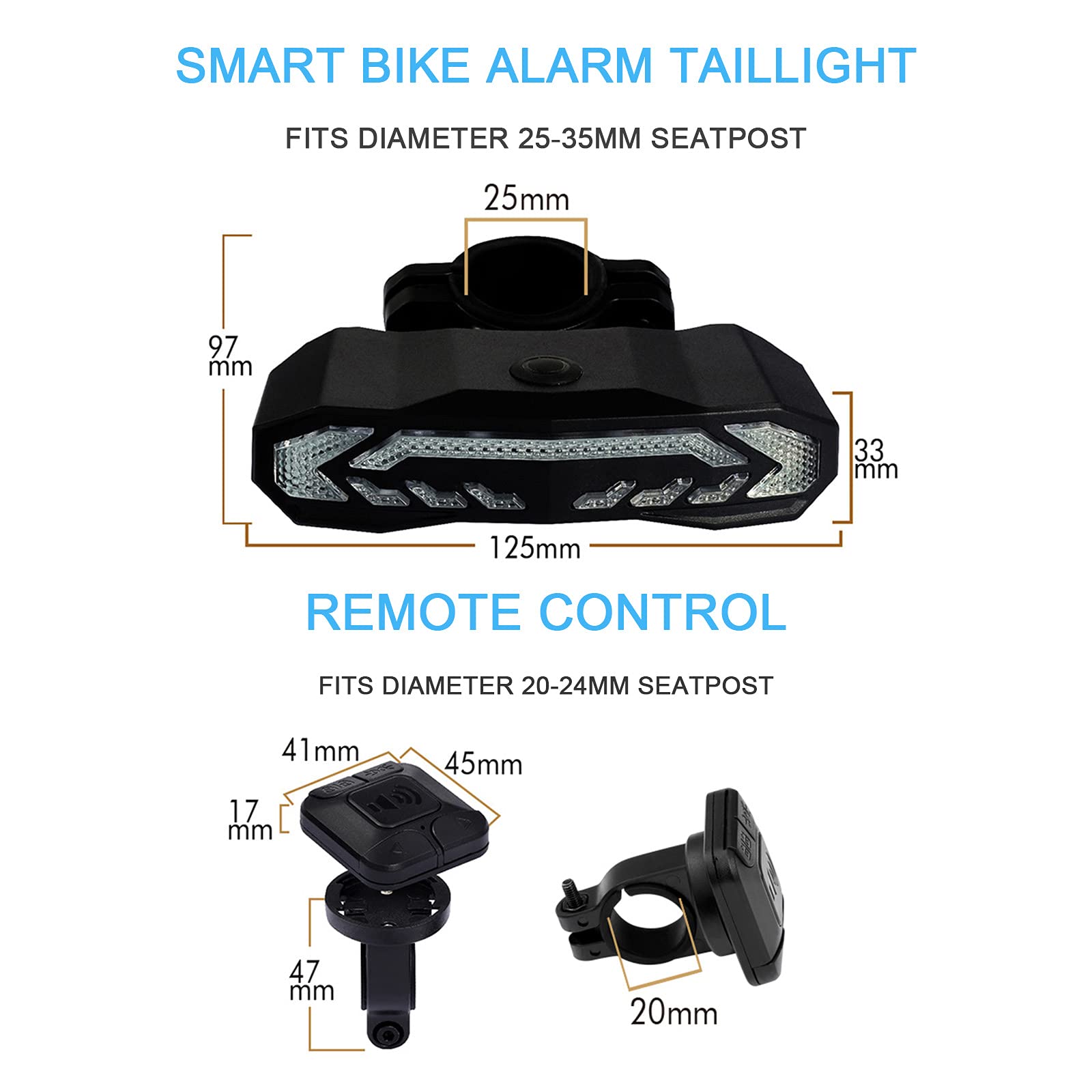 Fanale posteriore per bici intelligente, con indicatori di direzione e luce del freno automatico, allarme per bici con telecomando wireless, luce posteriore 5 in 1 (allarme, freno, sterzo, campanello