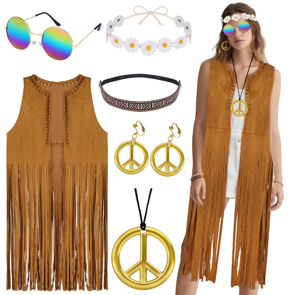 AOOWU Western Cowgirl Costume Set, 6Pcs 70s Hippie Fancy Dress Accessories for Women with Tassel Vest Necklace, Earrings