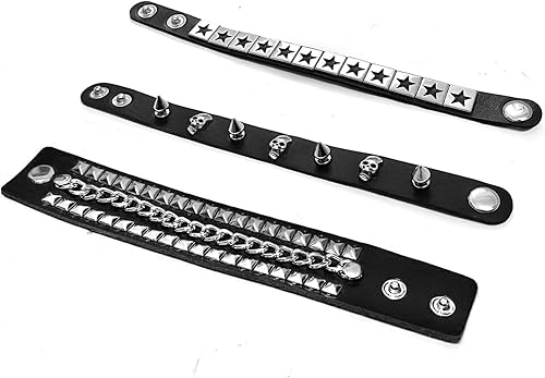 Miniatura 5 de 3 pulseras de cuero punk rock para mujer, accesorios de joyería Emo Pop de los años 80 y 90, accesorios de joyería retro con pinchos ajustables