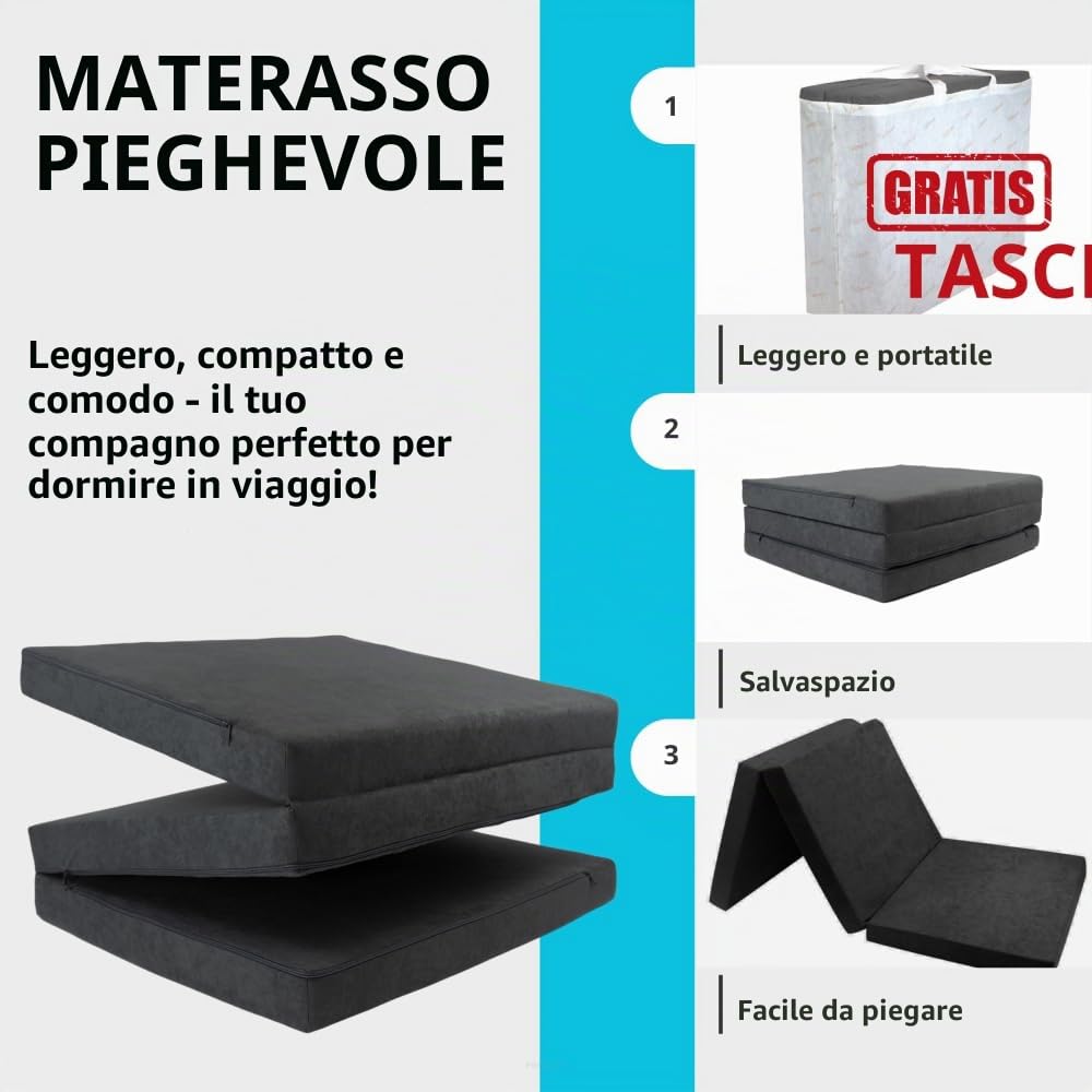 FORTISLINE - Materasso pieghevole 180 x 65 x 7 cm – 3 pezzi – Materasso per ospiti H2 – Pieghevole – Letto da campeggio – Lavabile – Pieghevole – Materasso da viaggio – Materasso in schiuma