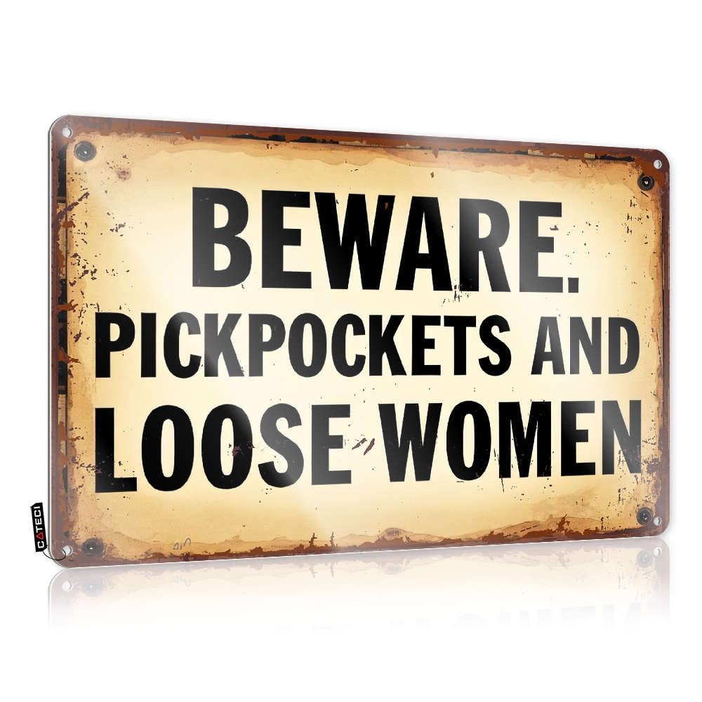 Folk Art Home Decor Whimsy Metal Sign Warning Porch Rust-proof Vintage/Coffee Wall - Beware. Pickpockets And Loose Women