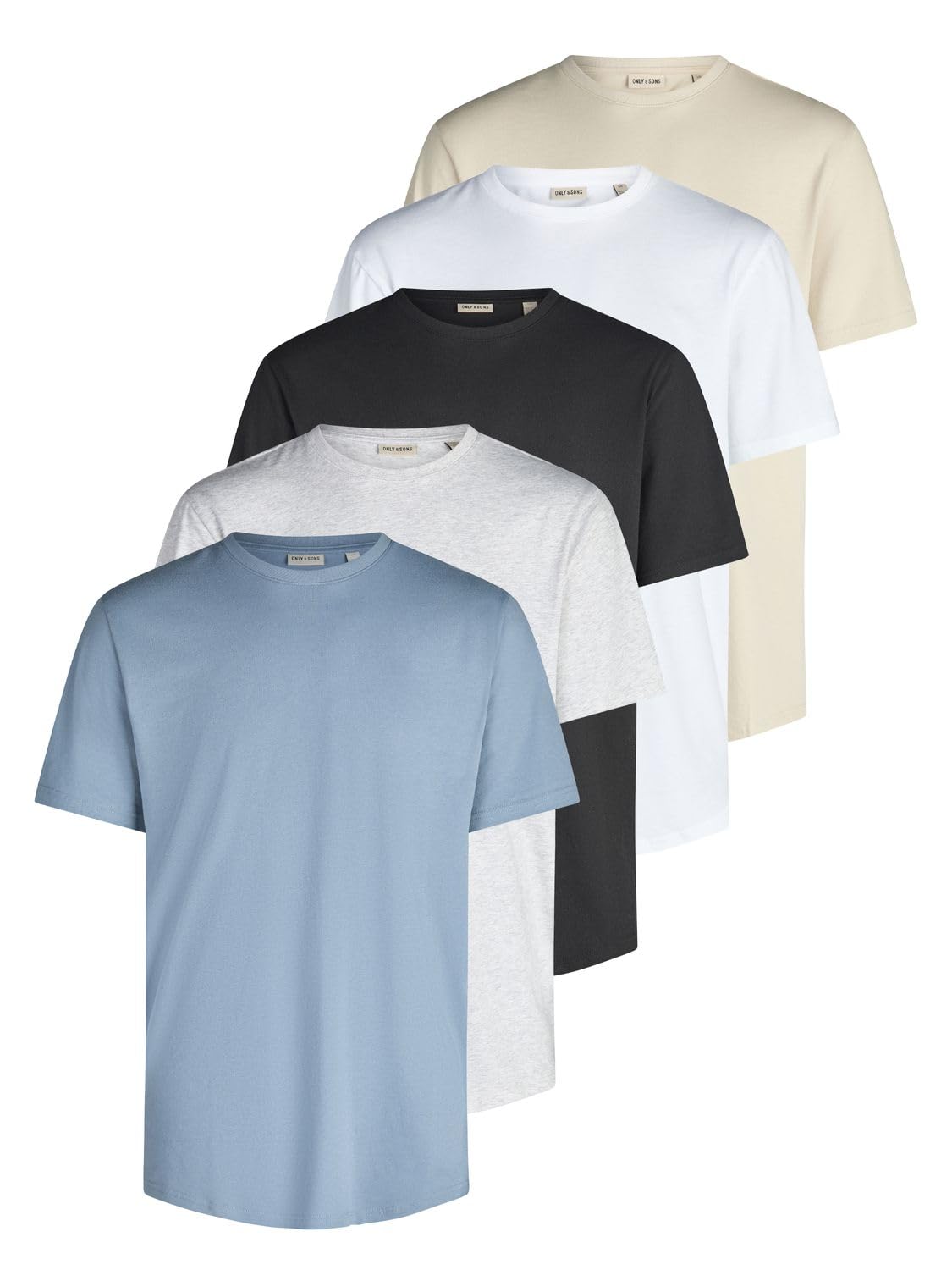 Only & Sons Tshirt Herren Regular Fit ONSJEFF LONGY 5er Set Pack lang geschnitten Rundhals Kurzarm Sommer Tee Shirt Basic, Größe:XL, Farbe:Flint Stone (22039223)