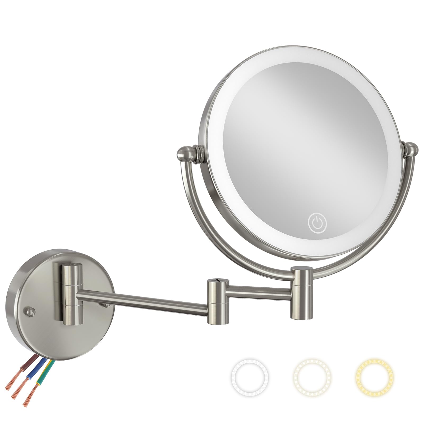 Photo 1 of Wall Mounted Lighted Makeup Vanity Mirror with Magnification, 8 Inch Double Sides 10X Magnifying Bathroom Mirror 3 Color Lighting Touch Dimming, Extended Arm Shaving Mirror Hard Wired, Brushed Nickel