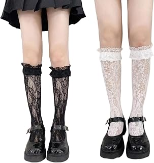 Fapiwen Lace Stockings For Women Girls, Fashion Lolita Fishnet Thigh High Socks, Lace Patterned Ruffled Over Knee High Soc... Price In India