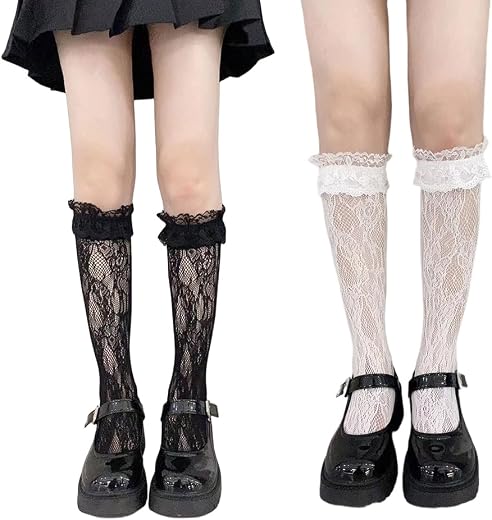 Fapiwen Lace Stockings For Women Girls, Fashion Lolita Fishnet Thigh High Socks, Lace Patterned Ruffled Over Knee High Soc...
