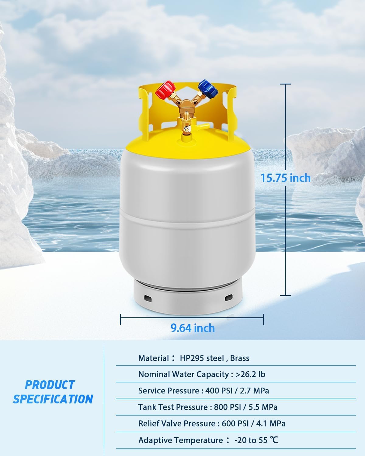 FAHKNS Tanque de recuperación de refrigerante de 30 Libras con válvula en Y SAE de 1/4, Tanque cilíndrico Reutilizable sin Interruptor Flotante R12 R22, R134A, R410A, etc. Tanque de recuperación de