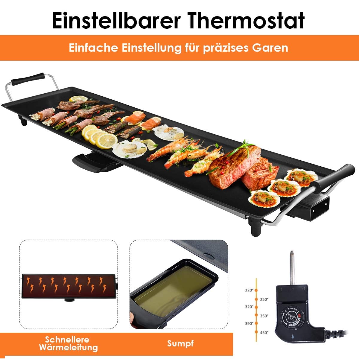 FANTASK Teppanyaki - Barbecue elettrico da 90 x 23 cm, 1800 W, con rivestimento antiaderente, 6 spatole di legno e anello antiaderente, temperatura regolabile