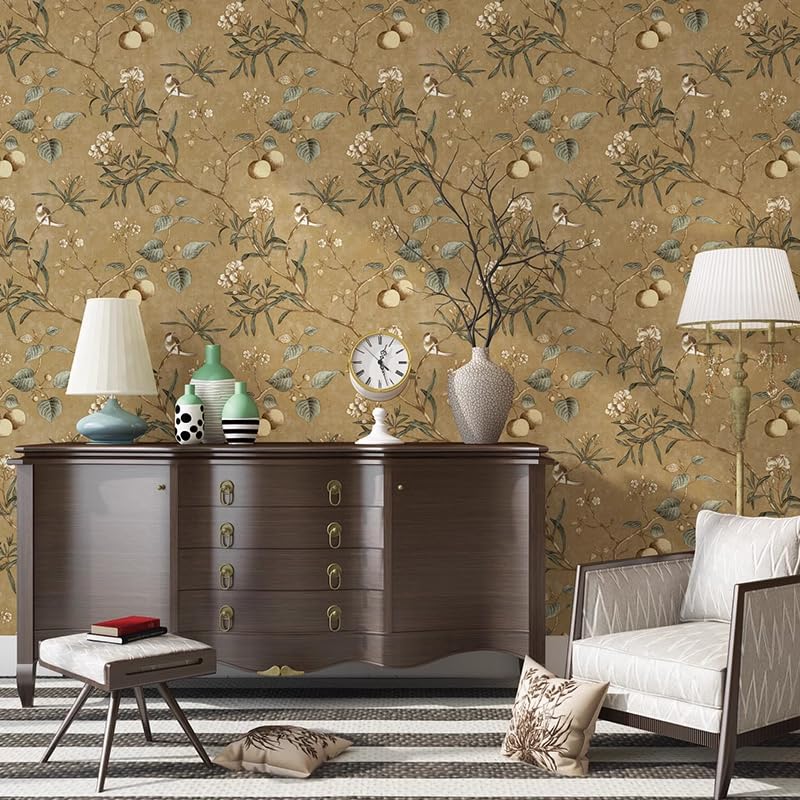 Retro American Country Pastoral Non-woven Wallpaper AB Version Of Fruit Tree Flower And Bird Pattern Bedroom Living Room TV Background Wall Shop Decoration 1.73'W x 32.8'L Non-Pasted (Brown A)