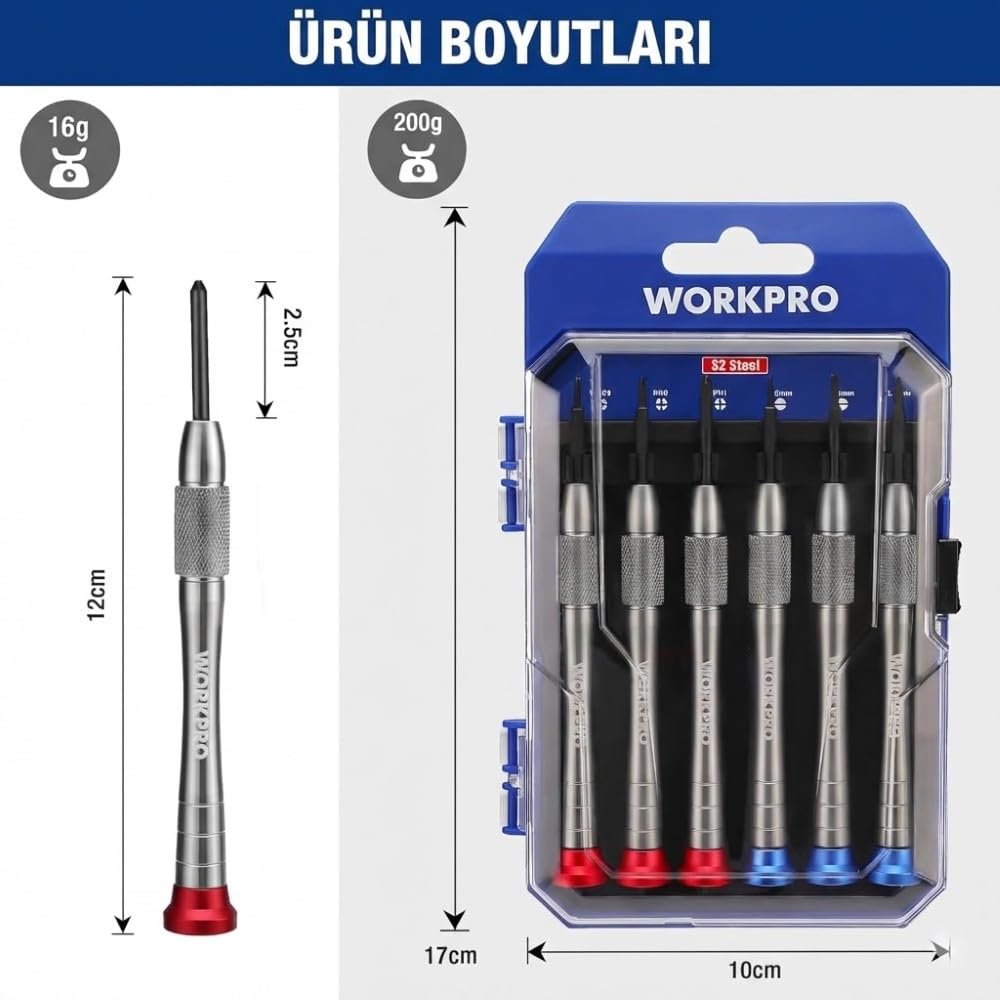 WORKPRO WP200549 Profesyonel Saat Tornavida Seti, 6 Parça, S2 Manyetik, Elektronik Onarım