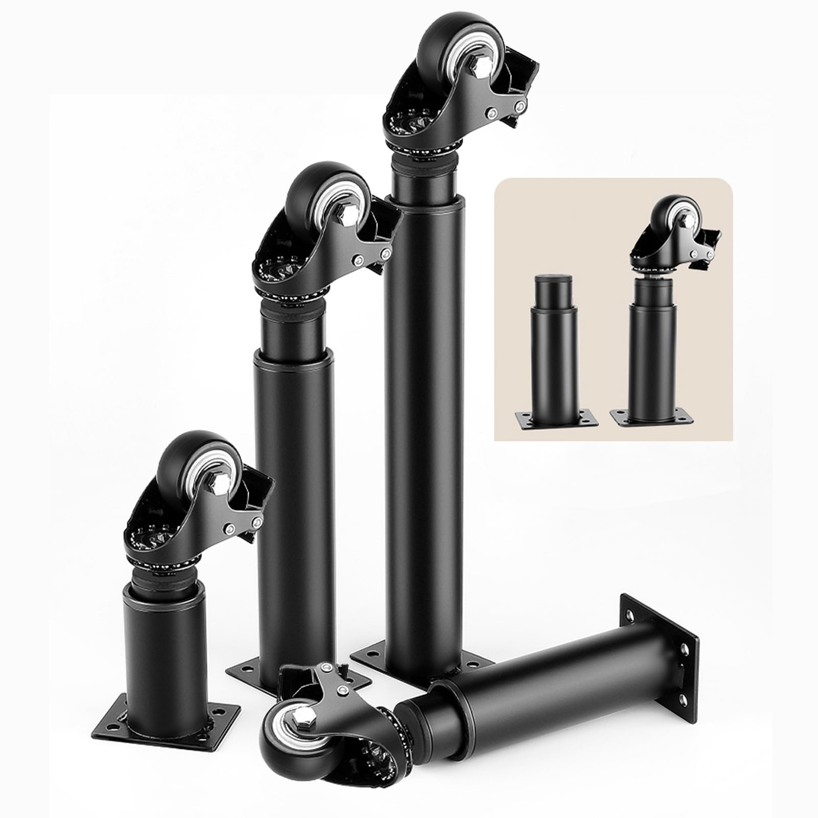Pieds de meubles réglables en métal noir 25-42 cm avec roulettes pour canapé x4