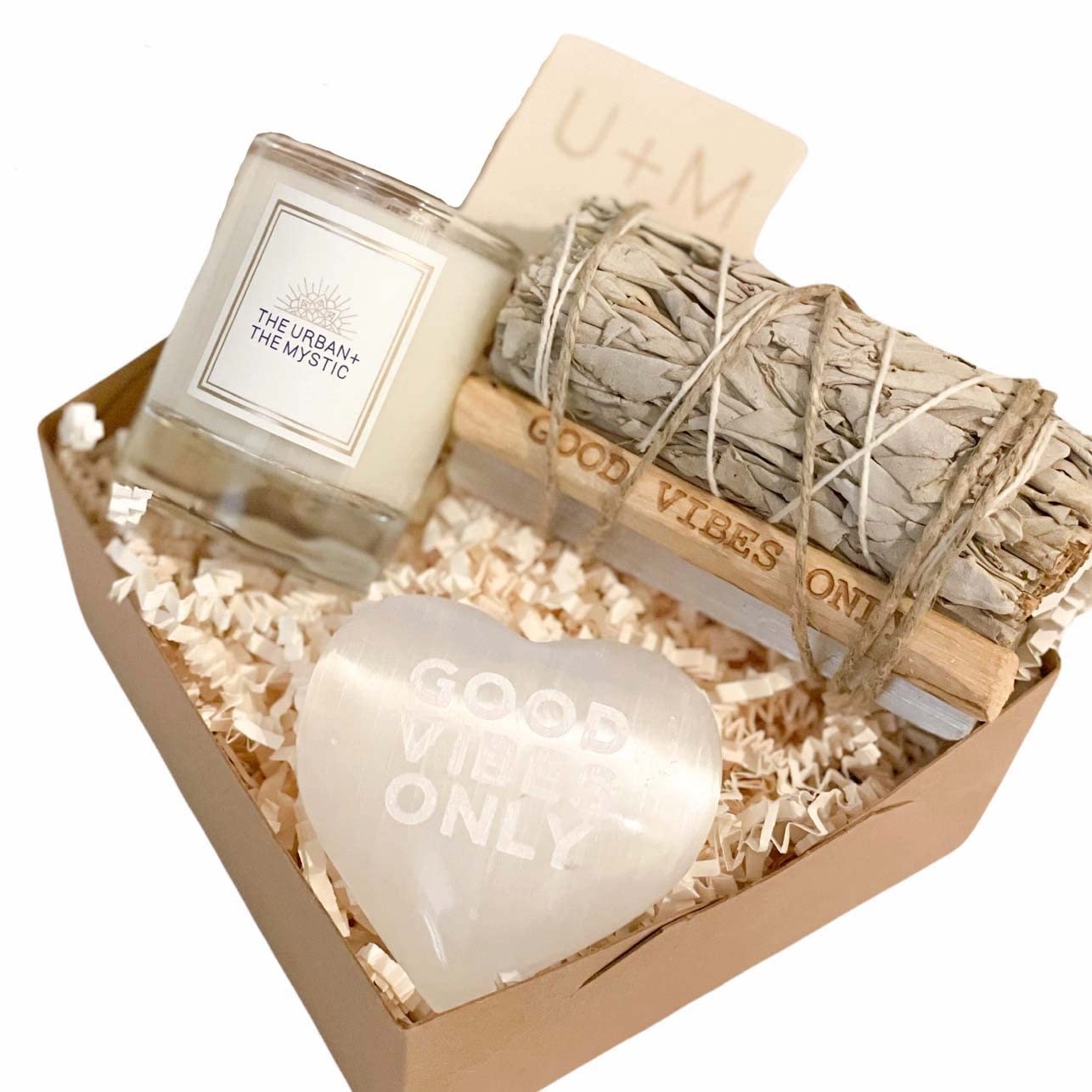 The Urban + The Mystic - Tokyo Bundle, Premium Healing Crystals and Smudge Bundle, Full Gift Set Includes - Personalized Smudge Bundle, Personalized Polished Selenite Heart, U+M 2.5oz. Santal Votive
