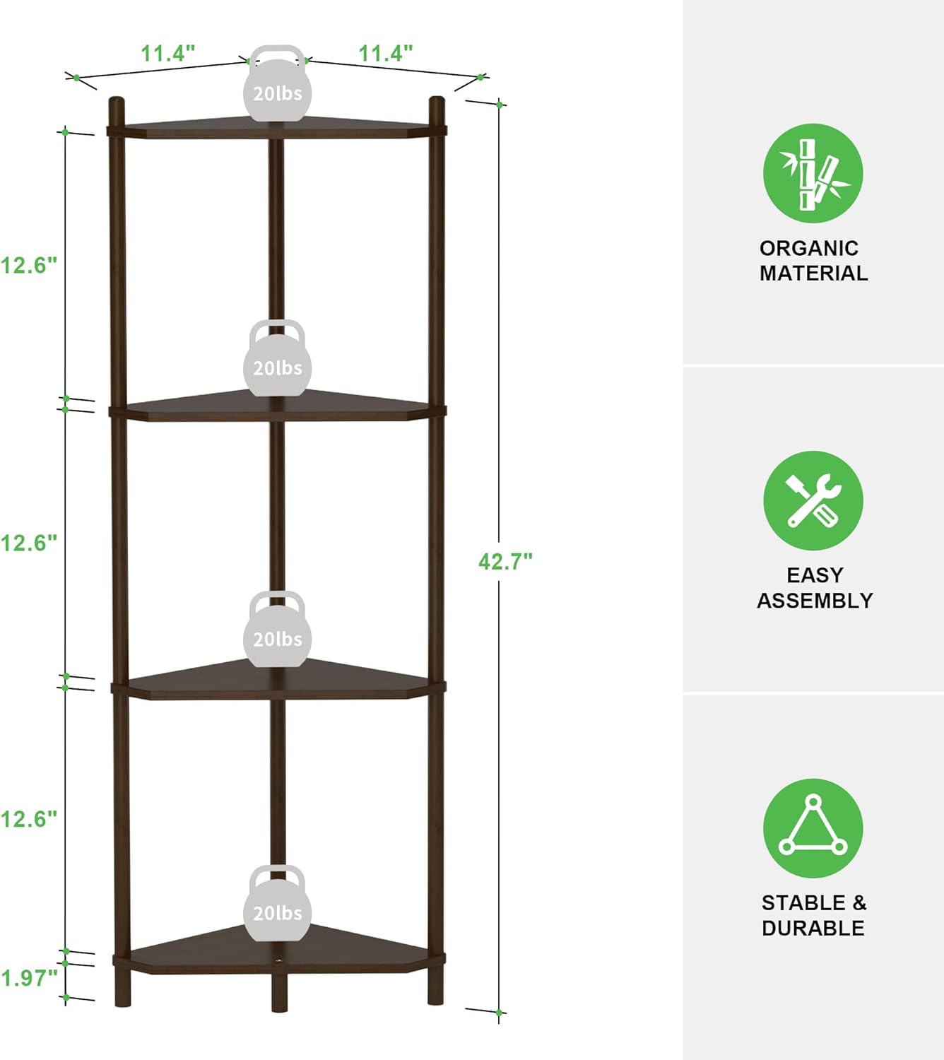 Wisuce Corner Shelf Stand - 4 Tier Walnut Bamboo Small Corner Bookshelf for Office Kitchen Bedroom Plant Stand Living Room Decor Small Space