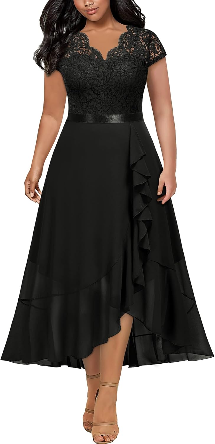 Miusol Women's Plus Size V Neck Elegant Floral Lace Ruffle