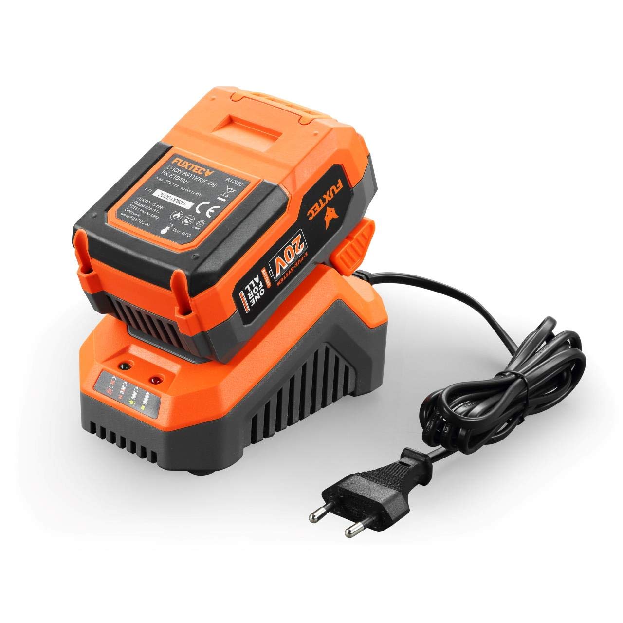Fuxtec Caricabatterie rapido 2,4A 70W E1LG2A Caricatore per batterie 20V da 2Ah e 4Ah Adatto a Tutti Gli Attrezzi da Giardino 20V, Tensione di Carica 20,9V