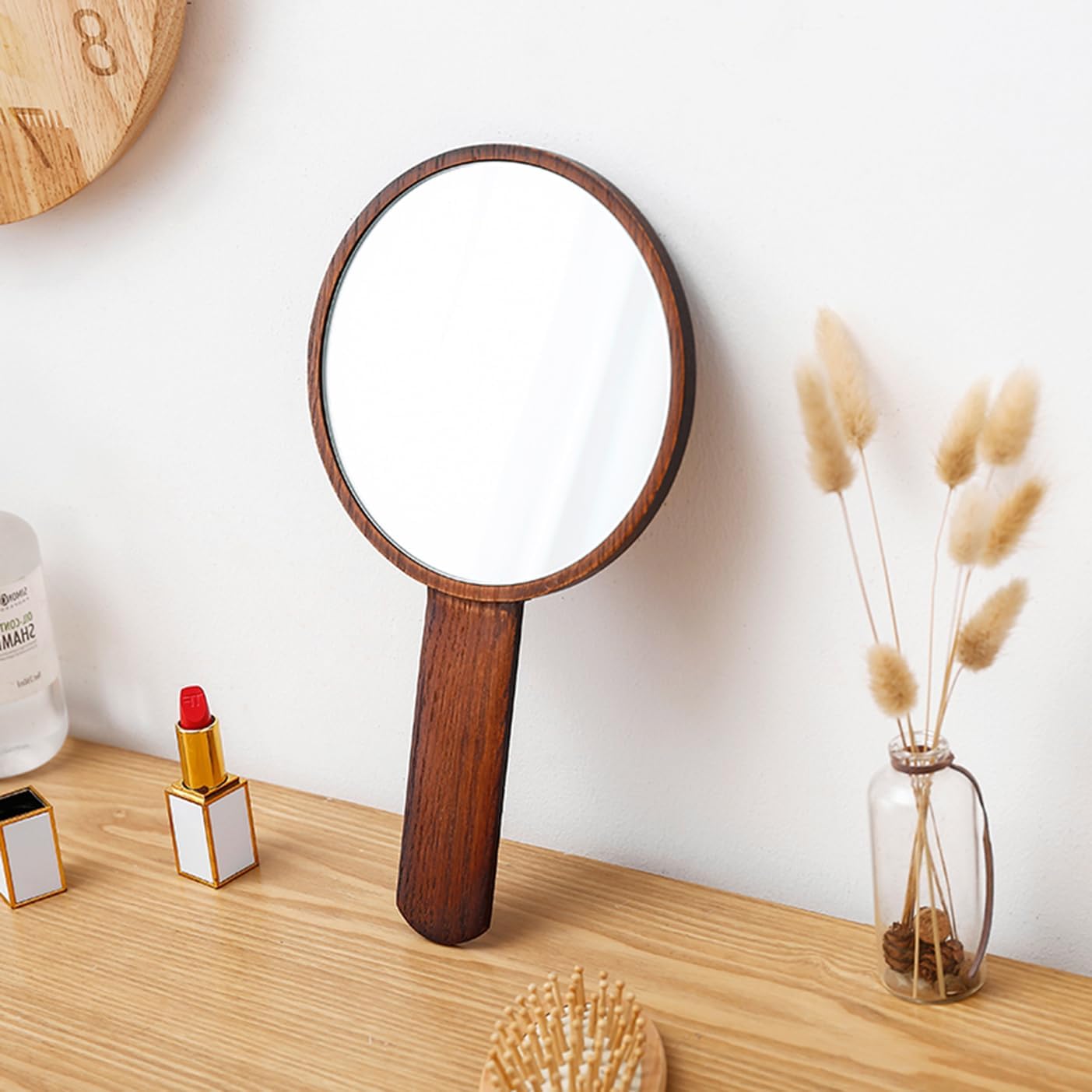 TOF&HAMY Handheld Mirror with Handle, Hand Held HD Mirror Wooden Frame, Salon Hairdresser Plain Mirror Retro Style, Cosmetic Salon Makeup Hand Mirror for Professional Barbers,A
