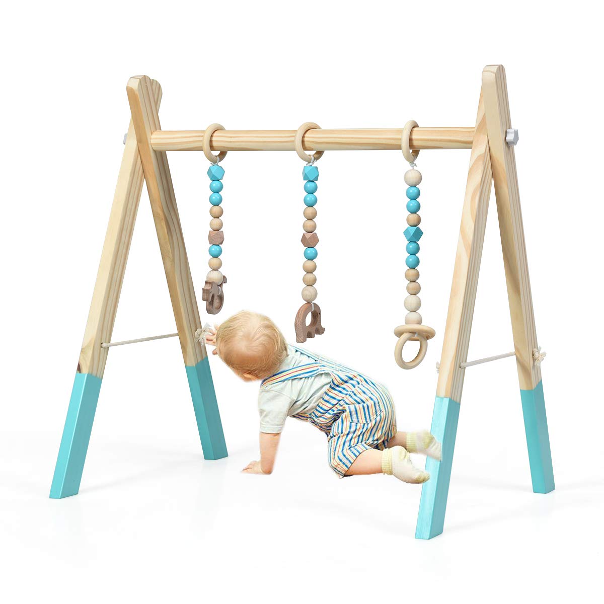 RELAX4LIFE Arco de Juegos de Madera Maciza para Bebés Más de 3 Meses, Gimnasio para Bebés con 3 Juguetes Colgantes para Desarrollo Cerebral y Físico, Arco Actividades Bebé (Verde)
