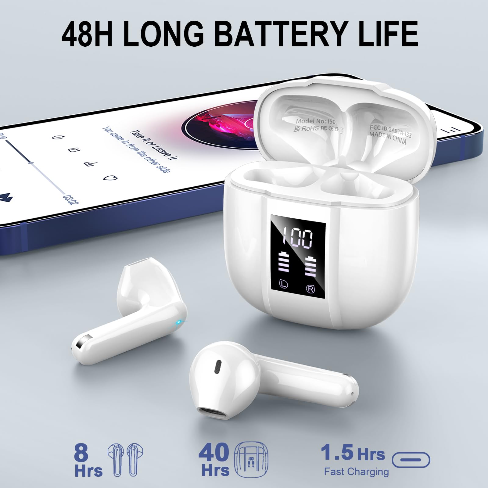 Cuffie Bluetooth, Auricolari Bluetooth 5.3 Wireless Stereo HiFi con 4 HD Mic, 48Ore Mini Cuffie Senza Fili IP7 Impermeabili, 3g Ultra Leggero in Ear Cuffiette Bluetooth Cancellazione Rumore/LED/USB-C
